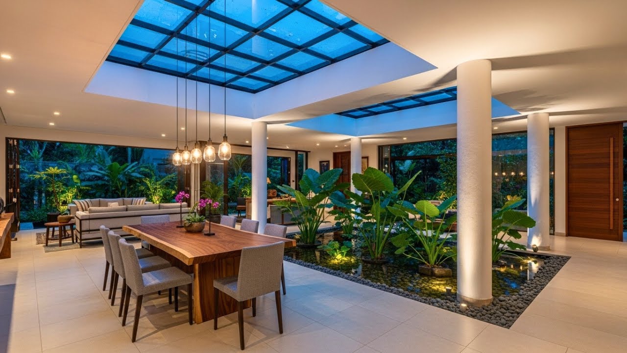 Natural Luxury: Seamless Contemporary Tropical Dining with Skylight & Indoor Garden