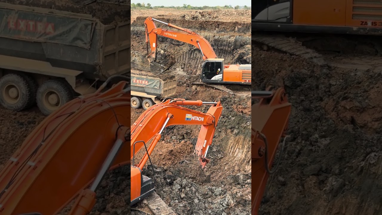 HITACHI ZAXIS 350 Bucket Power Digging Lake Mud | 41 Ton Dump Trucks Heavy Loading #Shorts