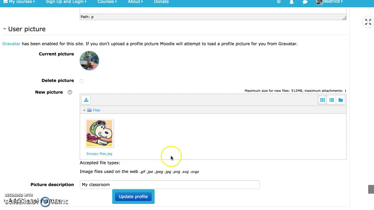 Editing profile on Moodle