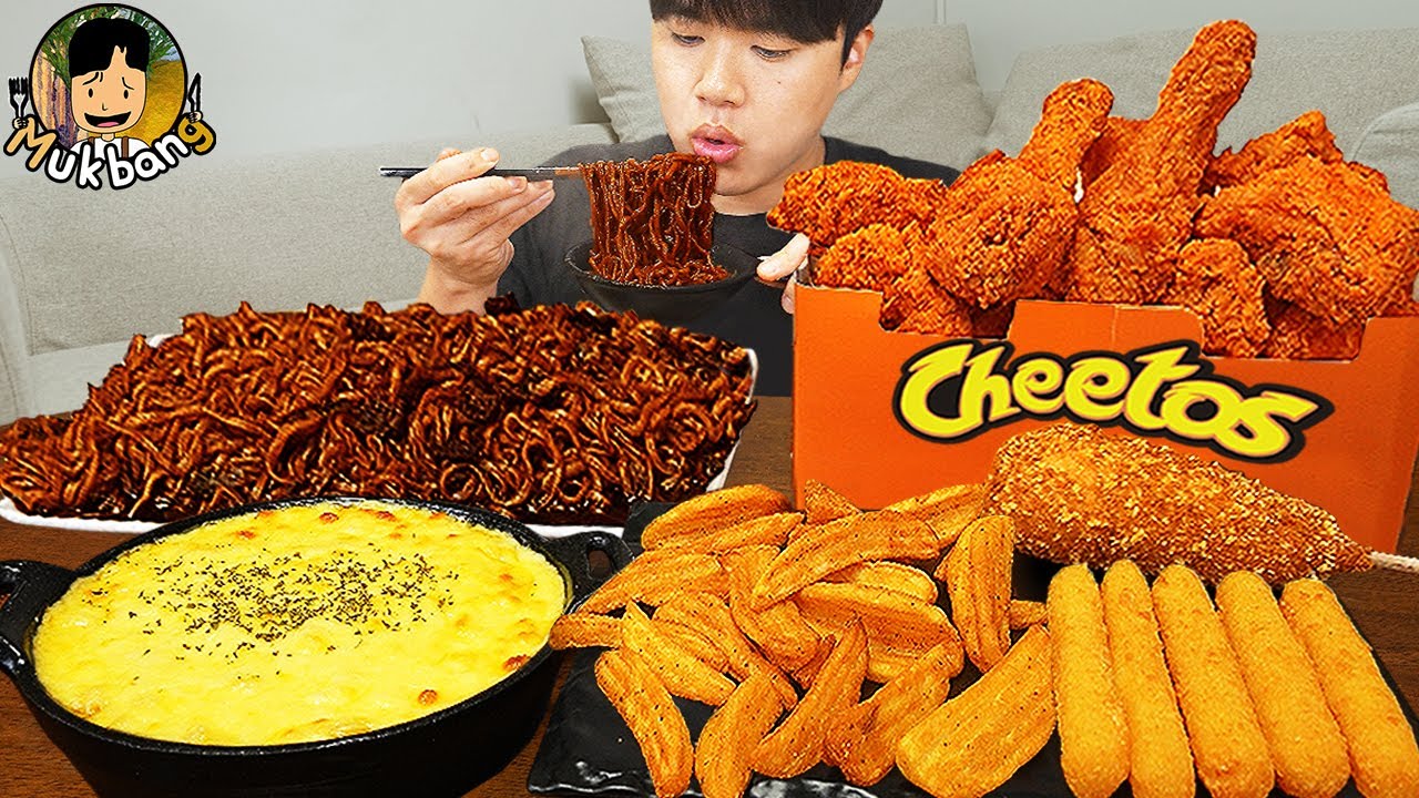 ASMR MUKBANG | Жареный цыпленок, сырная палочка, лапша с черной фасолью, кимчи Корейская еда !