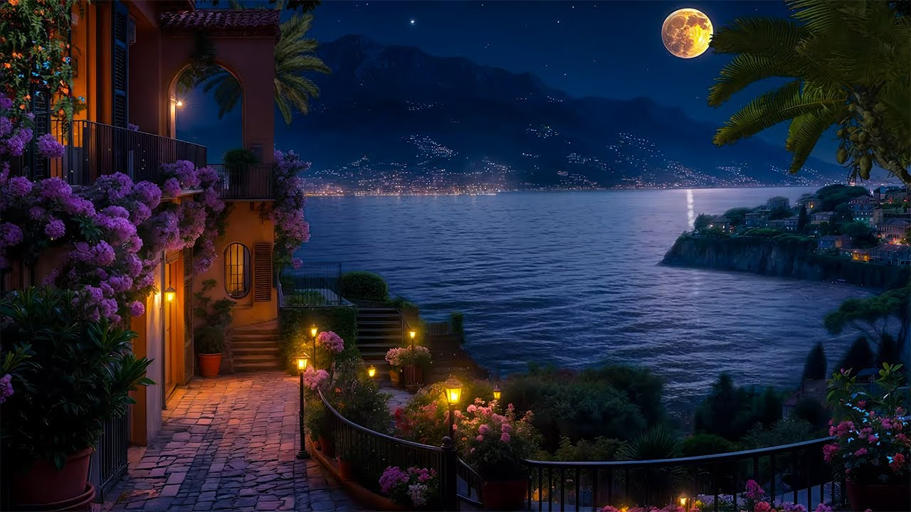Dreamy Italian Coastal Escape | Romantic Night by the Sea Under a Starry Sky and Full Moon