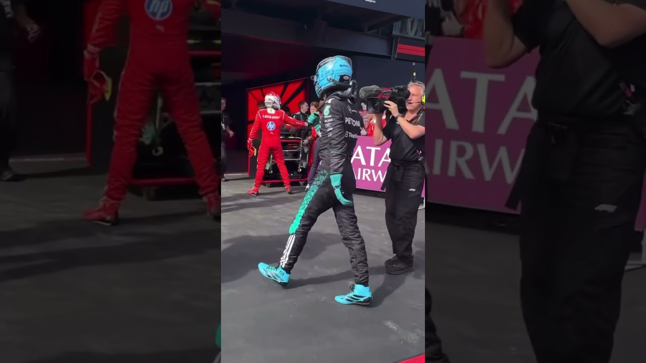 George Russell celebrates win with Charles Leclerc & Kimi Antonelli in Melbourne