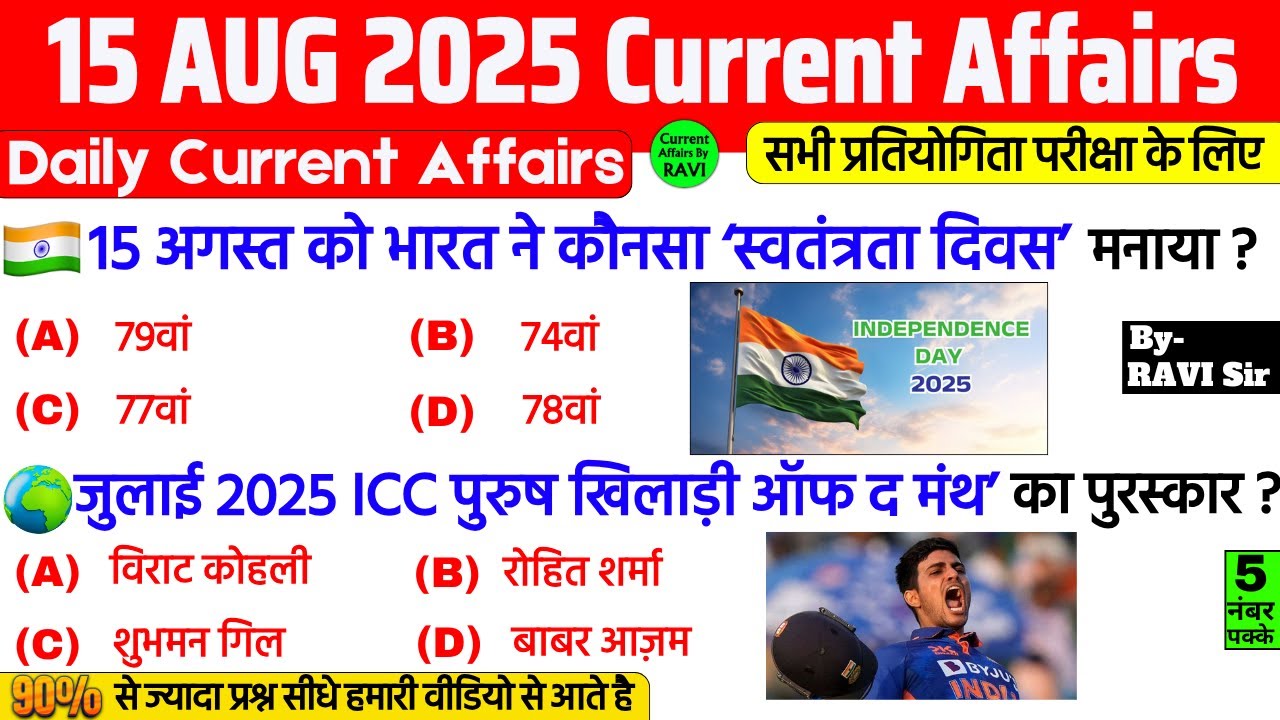 15 August 2025 Current Affairs | Current Affairs Today | Current GK- SSC, Railway, UPSC, BPSC, NTPC