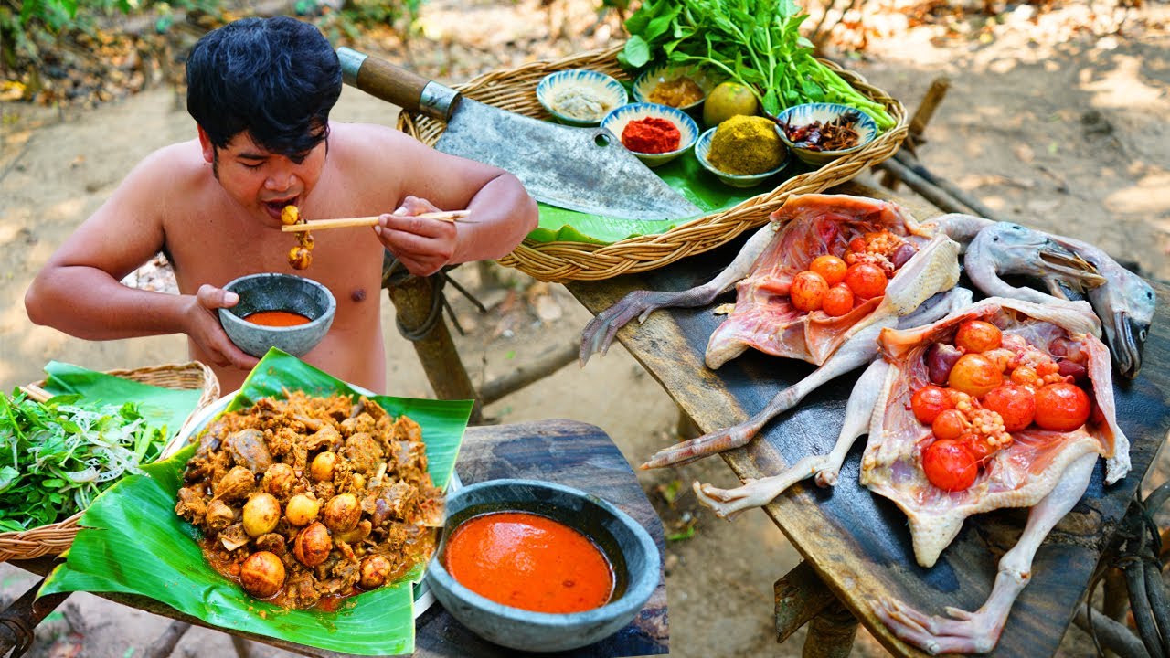 #PUNJABI#MASALA Cooking Curry Ducks Meat Recipe Eating So Delicious in Forest - Cook Curry Duck Meat