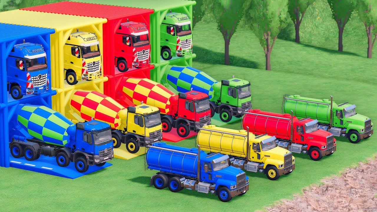 Trucks With COLORS - MERCEDES MIXER TRUCK and MACK TANKER TRUCK with FLATBED TRAILER TRUCK - FS22