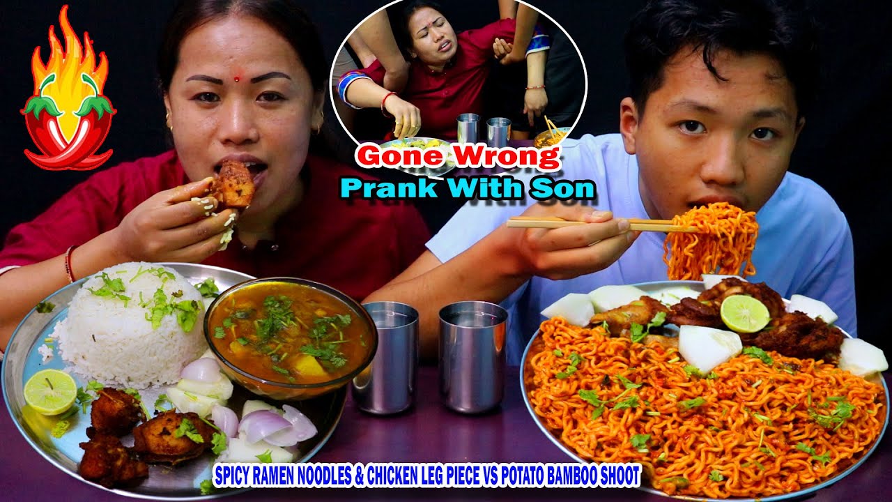 PRANK WITH SON 🥵 SPICY RAMEN NOODLES & CHICKEN LEG PIECE 🔥 VS POTATO BAMBOO SHOOT CURRY & RICE