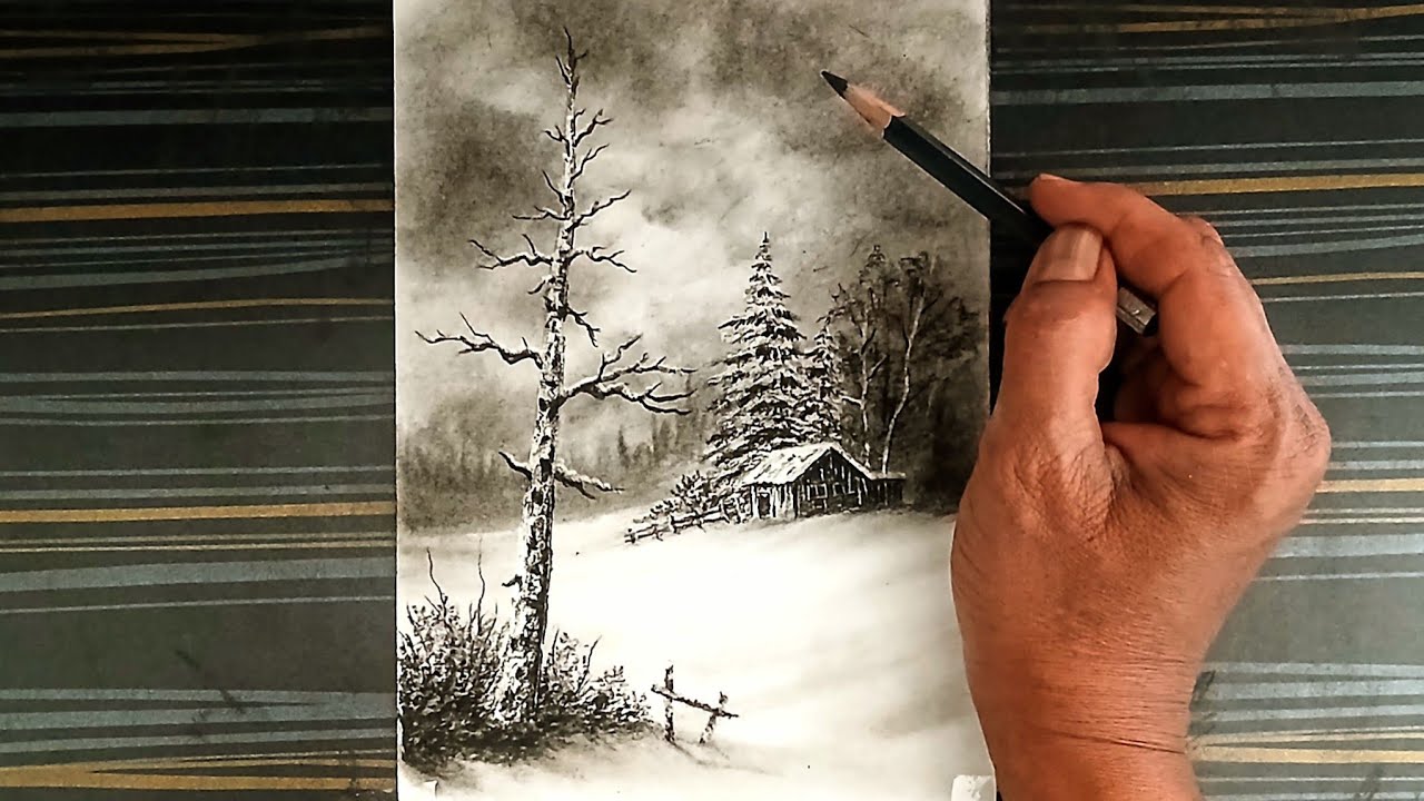 GP Like is live! Winter season landscape scenery live drawing by charcoal pencil. 