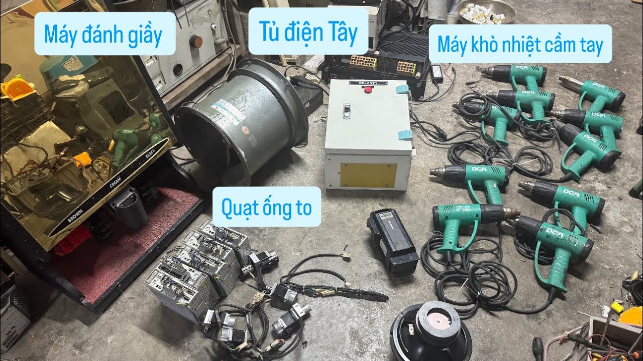 4/3: Máy đánh giầy , Khò nhiệt cầm tay, Tủ điện Tây, Quạt ống to, Moto servo + điều khiển 