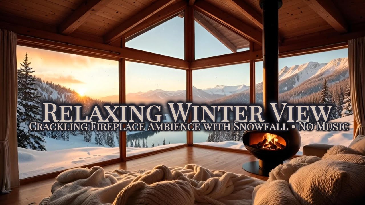 Sunrise Winter Valley View ❄️🔥 Relaxing Crackling Fireplace Ambience with Snowfall and endless views