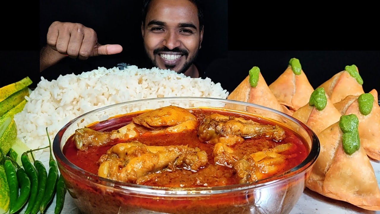 Eating Spicy Masala Chicken Curry with Samosa | White Rice and Chilli Mukbang