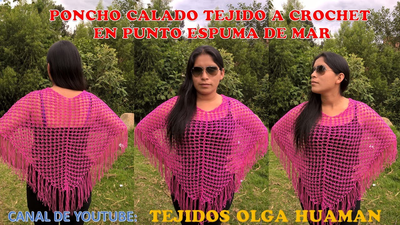 Poncho calado fácil de tejer en punto espuma de mar o punto salomón tejido a crochet