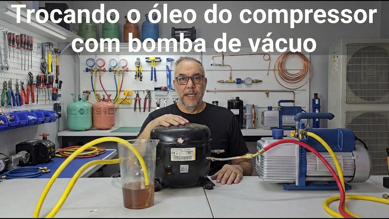 ❄️🔧 Trocando o óleo do compressor utilizando uma bomba de vácuo .