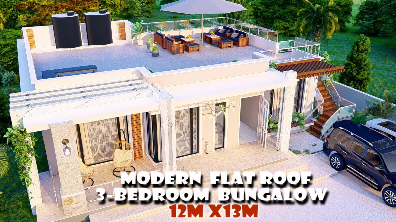 3 bedroom bungalow/Modern house/ Flat roof house/ 12mx13m/ with rooftop terrace and interior design