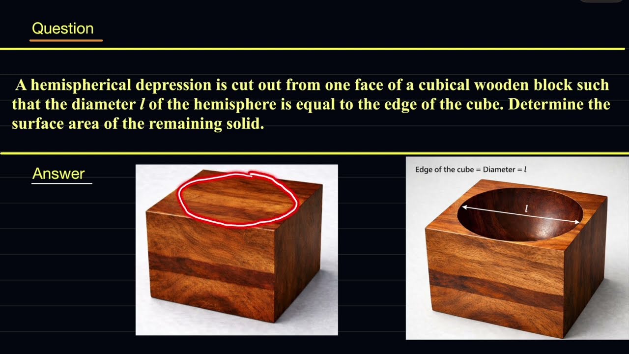 A hemispherical depression is cut out from one face of a cubical wooden block such that the..