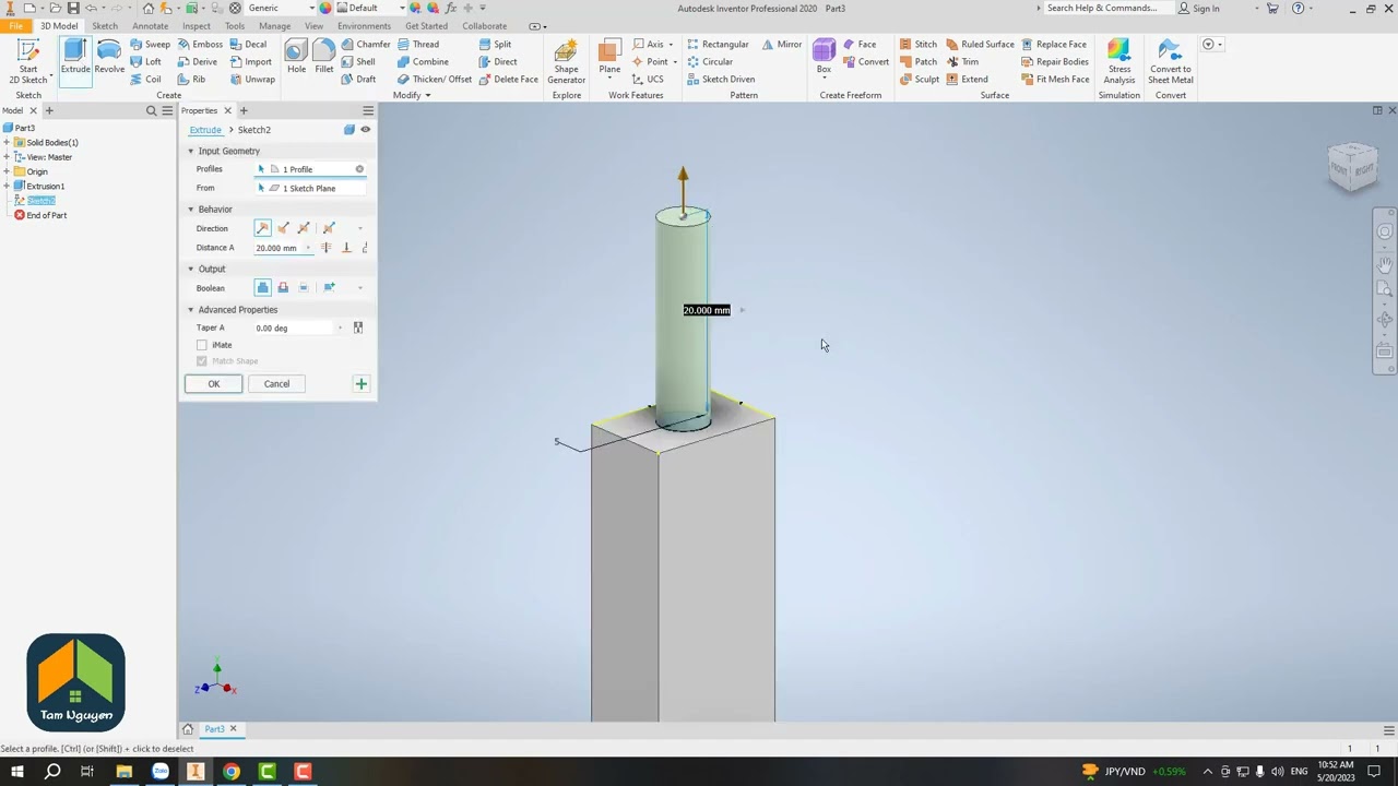 Lệnh Extrude trong Inventor