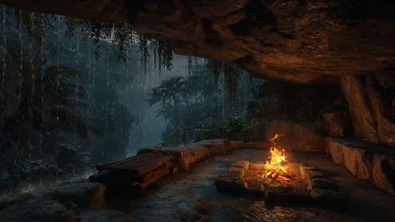 Deep Cave Sleep Meditation 🌧️ Gentle Rain & Fireplace Sounds for Calm Mind and Full Relaxation 🔥