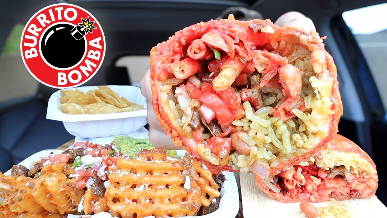 MUKBANG EATING Hot Cheetos Burrito, LOADED Carne Asada Fries, Chips and Guac From Burrito Bomba