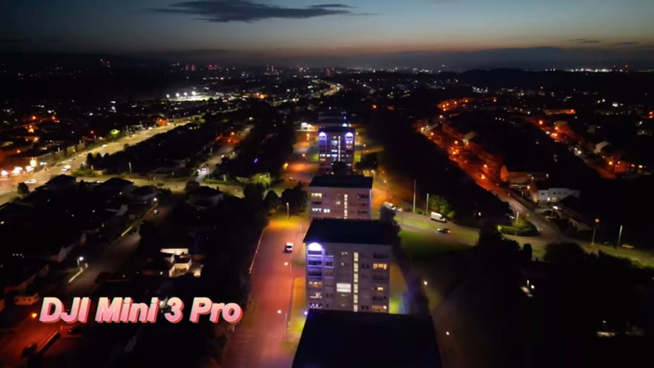 Night time drone flight over Glasgow, Scotland.