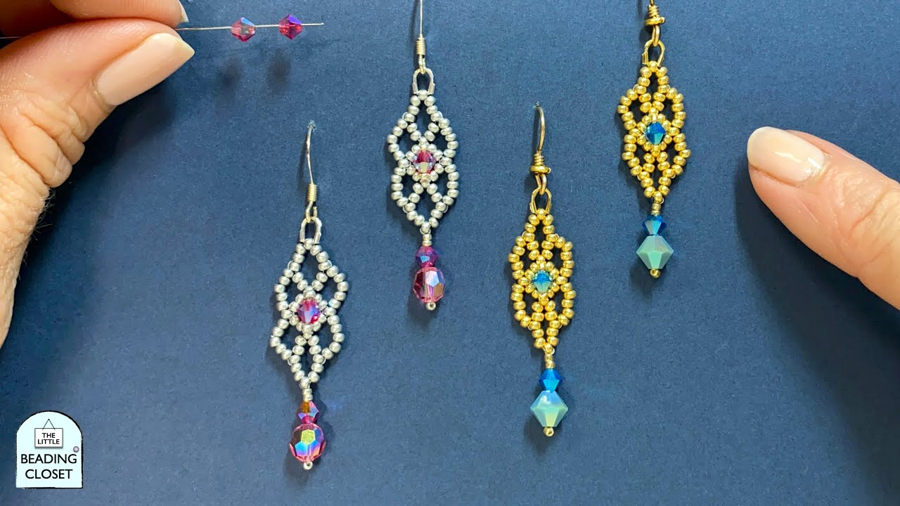 How to make seed bead earrings BEADED FILIGREE drop style with crystals