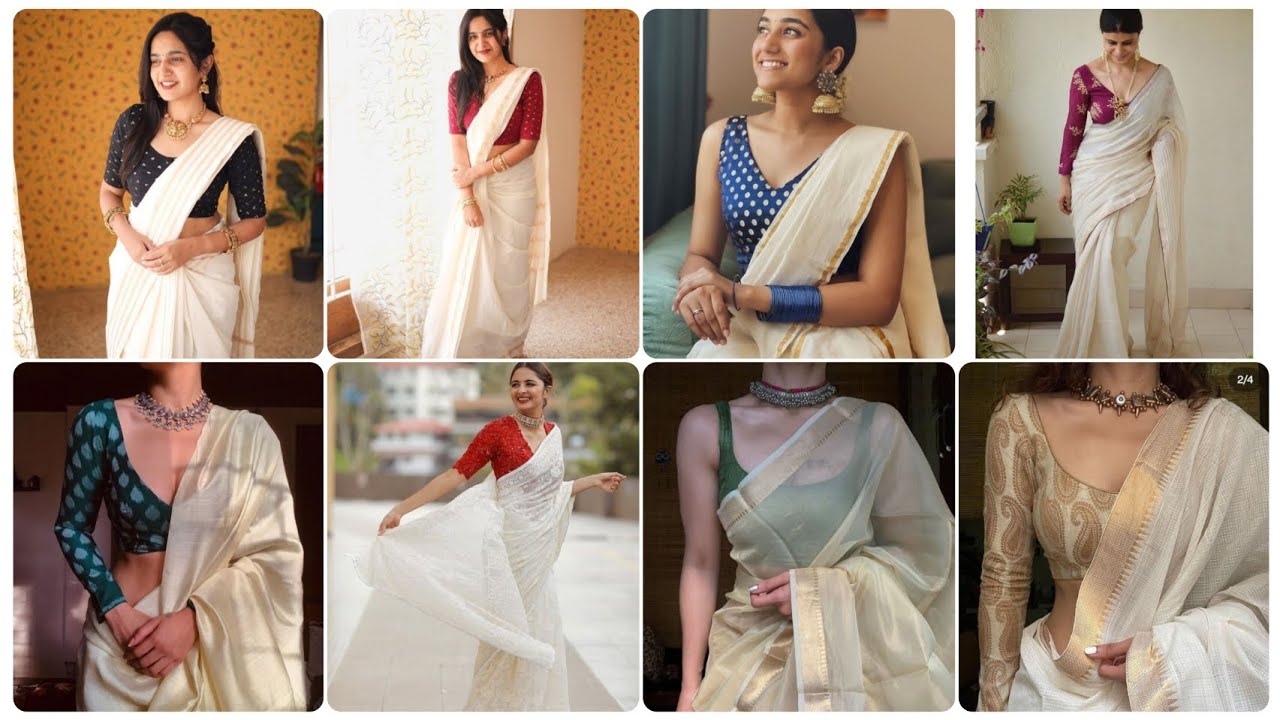 White Saree With Contrast Blouse Designs | White Saree Blouse Colour Combination Ideas |