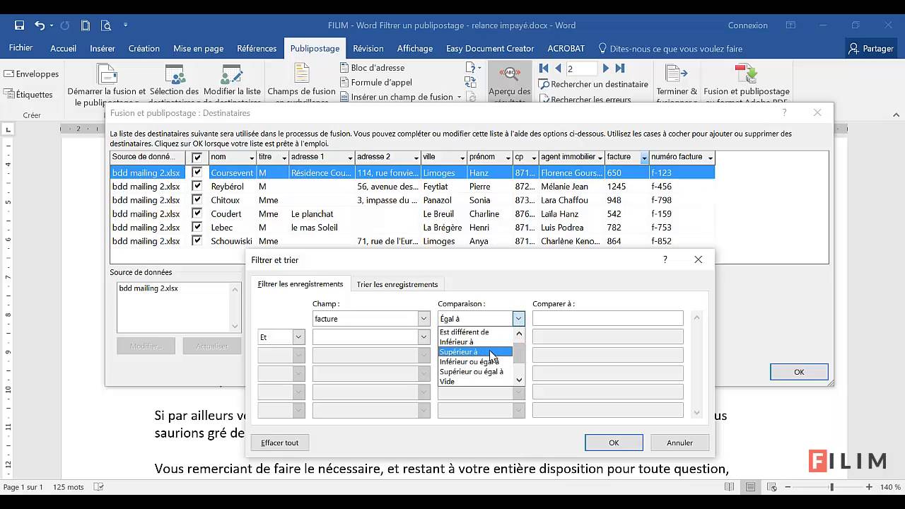 Word - 3 Avancé - Cours Publipostage Trier et Filtrer