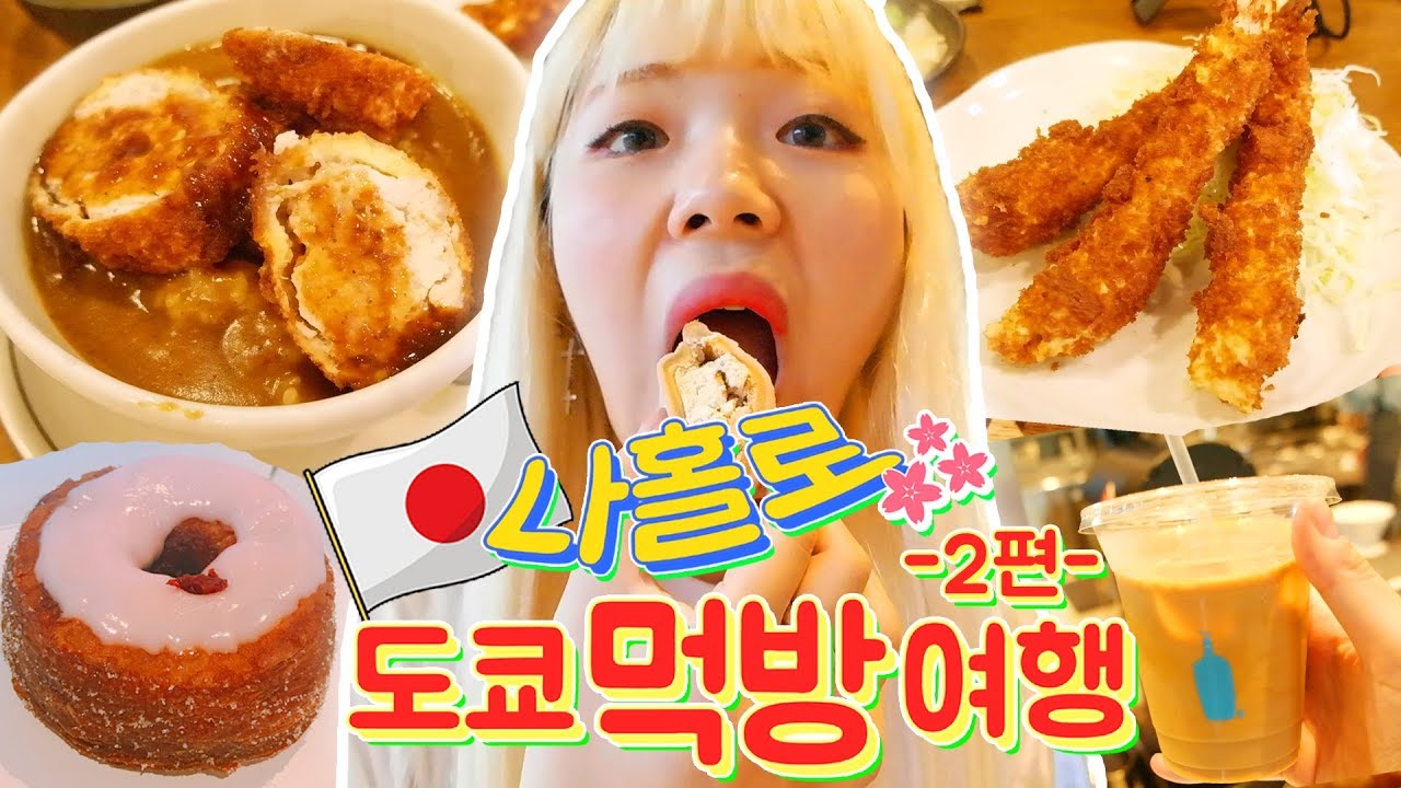 나홀로 도쿄 먹방여행 2편 - 돈까스 카레덮밥+새우까스+블루보틀+크로넛빵+편의점 유부초밥!(ENG,JP SUB)
