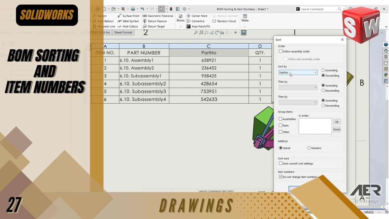 BOM Sorting And Item Numbers | Solidworks Tutorial | Drawing| Stage #27 Eng - AER Int.