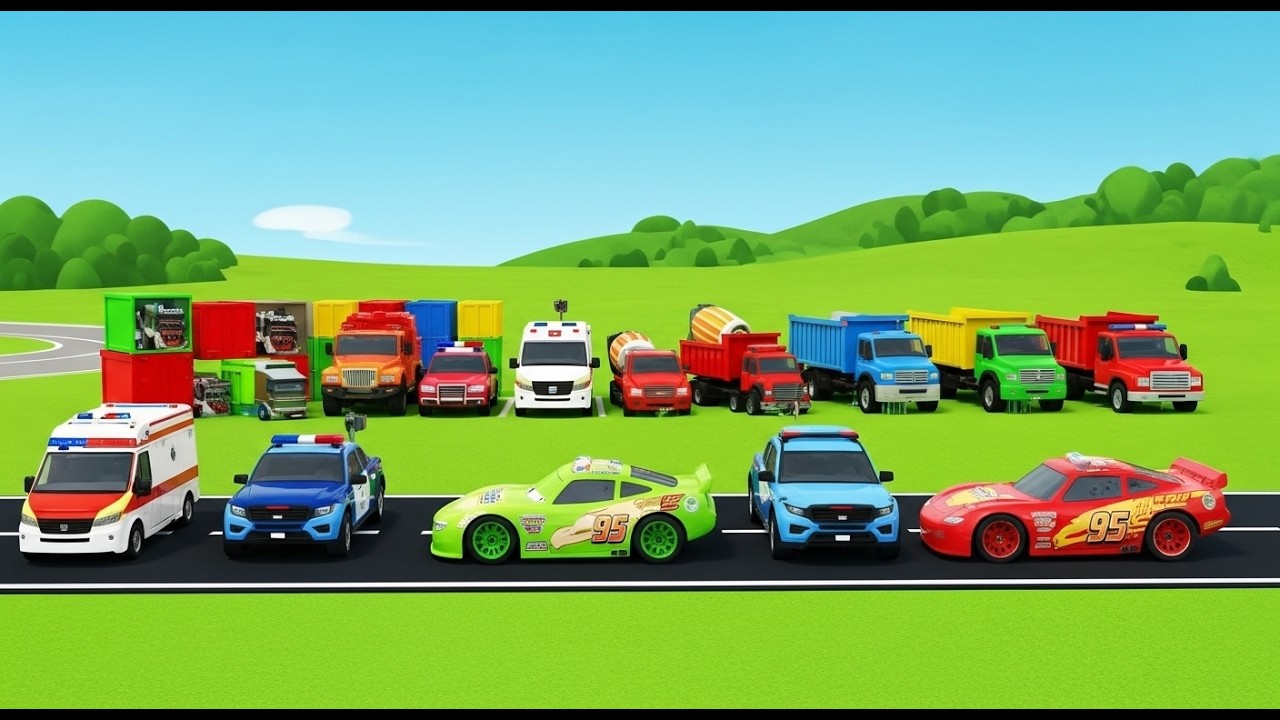Garage with Colors – SUPER MONSTER TRUCK, SPIDER MIXER & McQUEEN PARADE with GIANT TRAILER