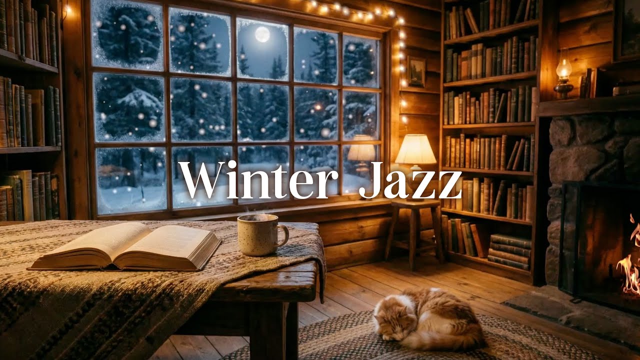 Velvet Evening Jazz ❄️ | Fireplace Ambience, Snowfall & Cozy Cabin Lights for Focus