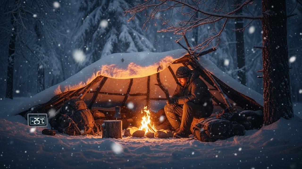 ALONE in -25&deg;C ❄ Solo Winter Survival in Frozen Forest | Fire Making & Cooking Meat (No Tent)