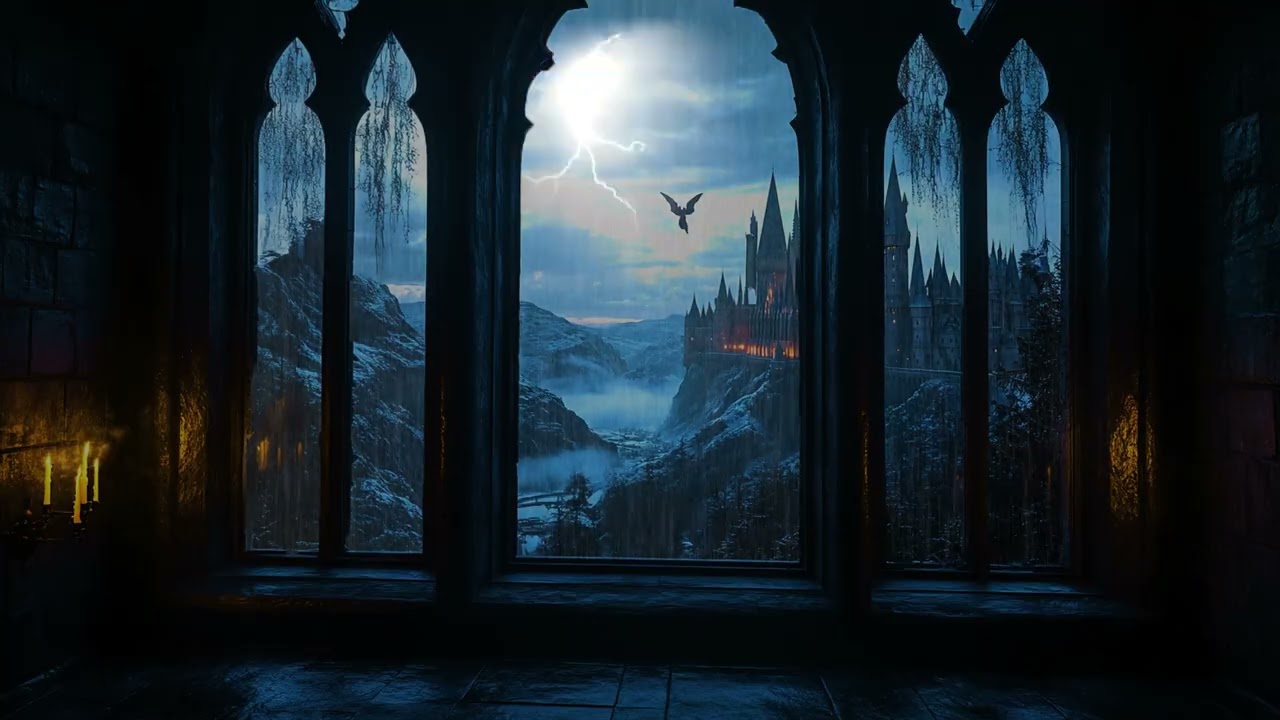Dark Rainy Night Outside Hogwarts Window, Peaceful Castle Ambience for Deep Sleep and Relaxation