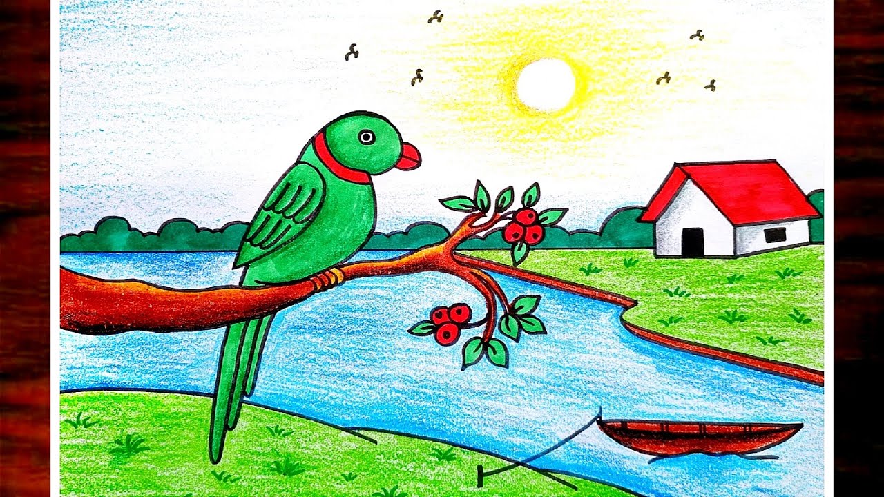 Bird Drawing|How To Draw A Bird Scenery|Bird Scenery Drawing Easy For Beginners|Anusree Artwork