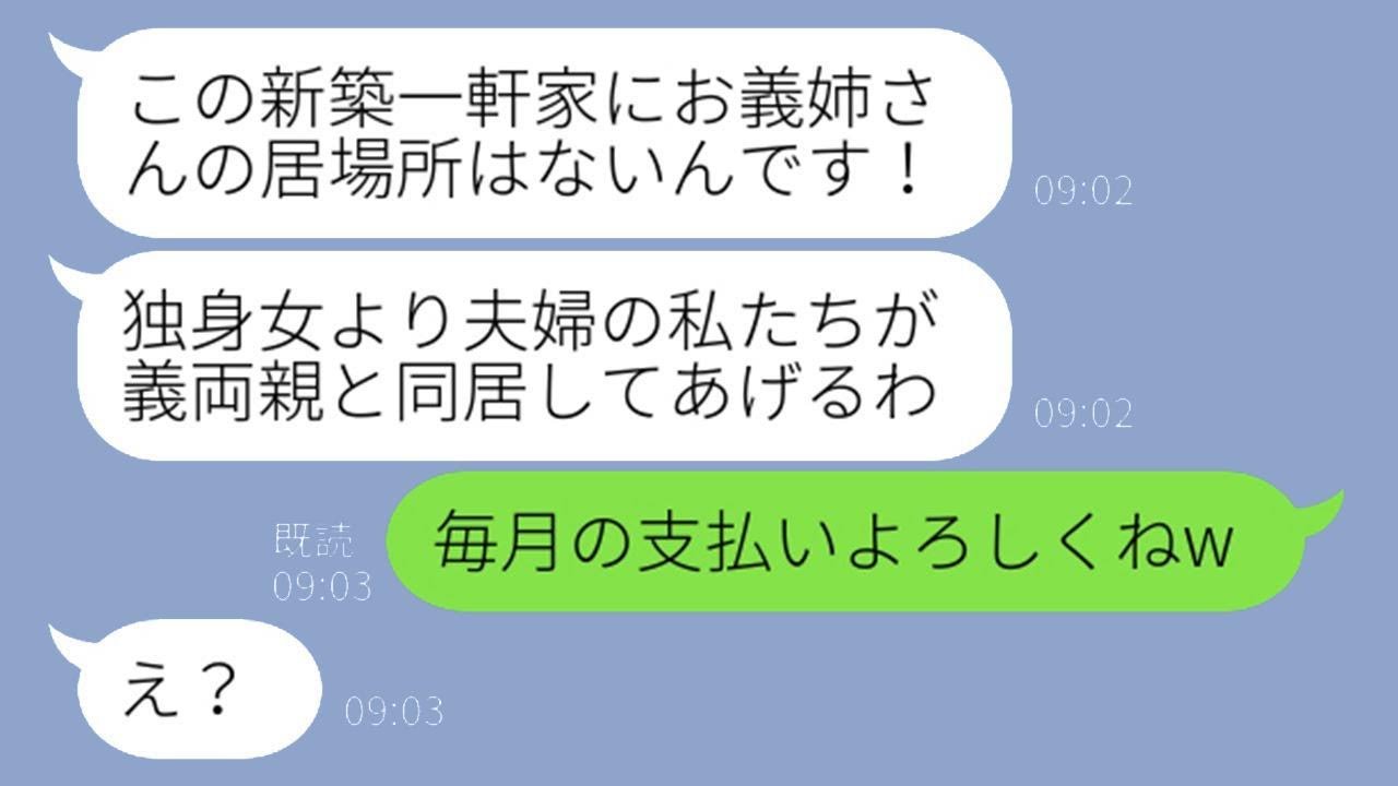 新築の一軒家に両親と住んでいる義妹夫婦が勝手に乗っ取り、「独身の女はすぐに出て行け」と言い放つ。強引に追い出されたDQN女が浮かれているところに、ある真実を伝えた結果。