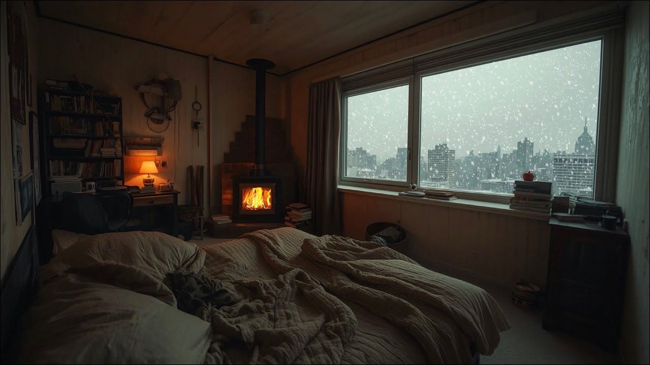 Cozy Snowy City Fireplace Ambience | Crackling Fire Sounds for Sleep, Study & Relaxation (2 Hours)