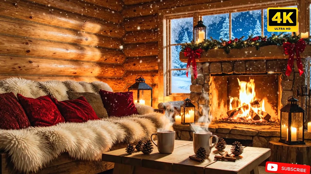 Cozy Cabin and  fireplace 🔥 piano jazz 🎶| Winter Ambience for work study and relaxing 4k quality