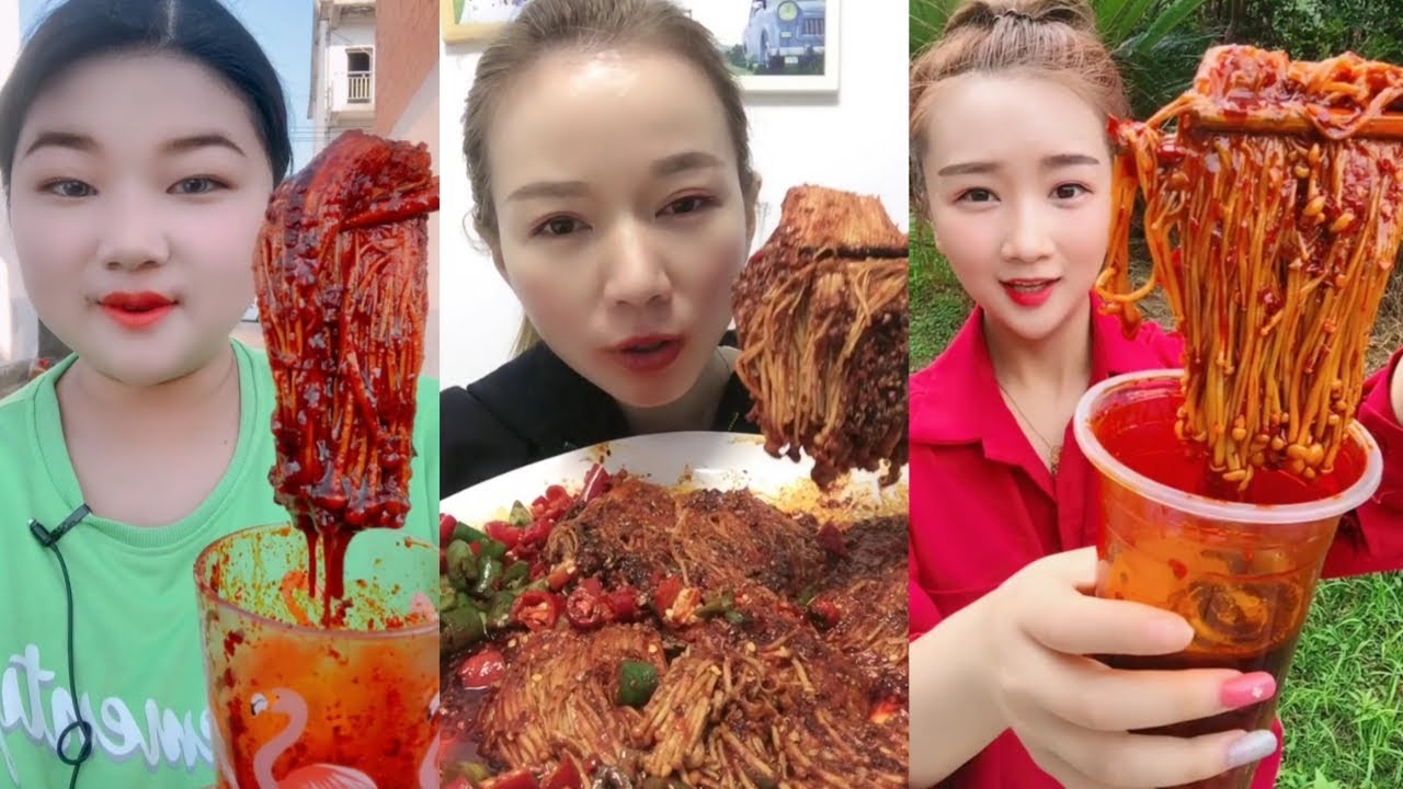 Chinese Mukbang ASMR Very Spicy Enoki Mushrooms | ASMR Jamur Enoki Super Pedas | Random Video_id |V2