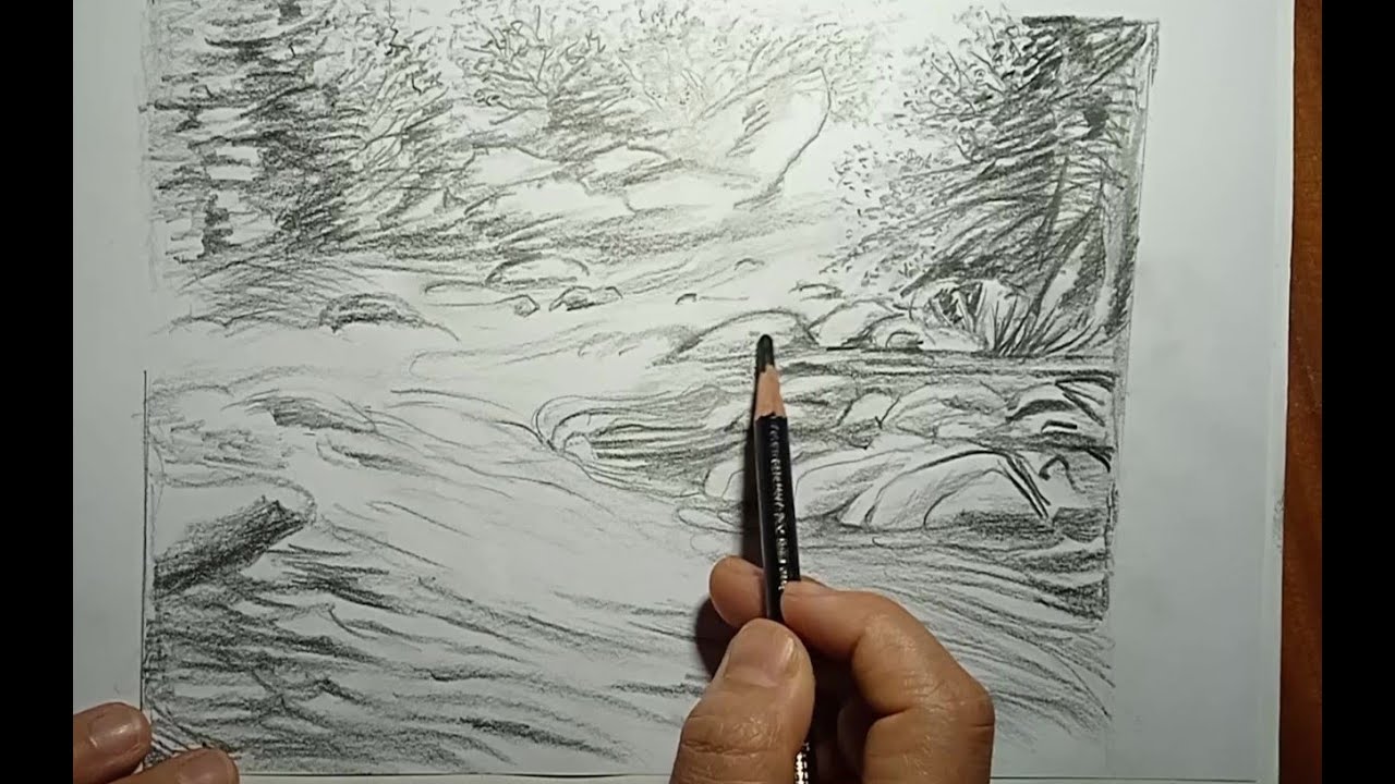 Dessiner  l’eau torrentueuse en crayon / Simple  paysage / foret, roches