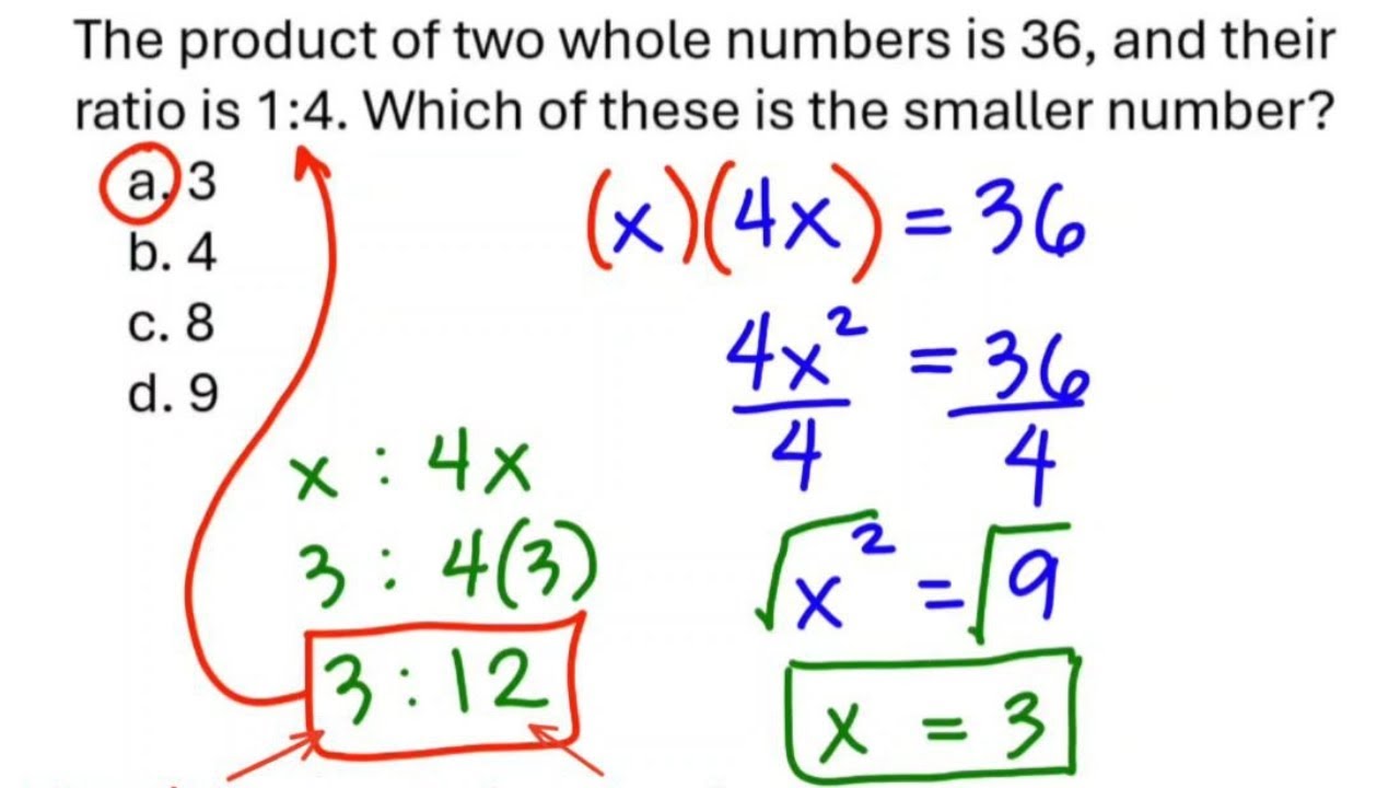 The product of two whole numbers is 36, and their ratio is 1:4. Which of these is the smaller number