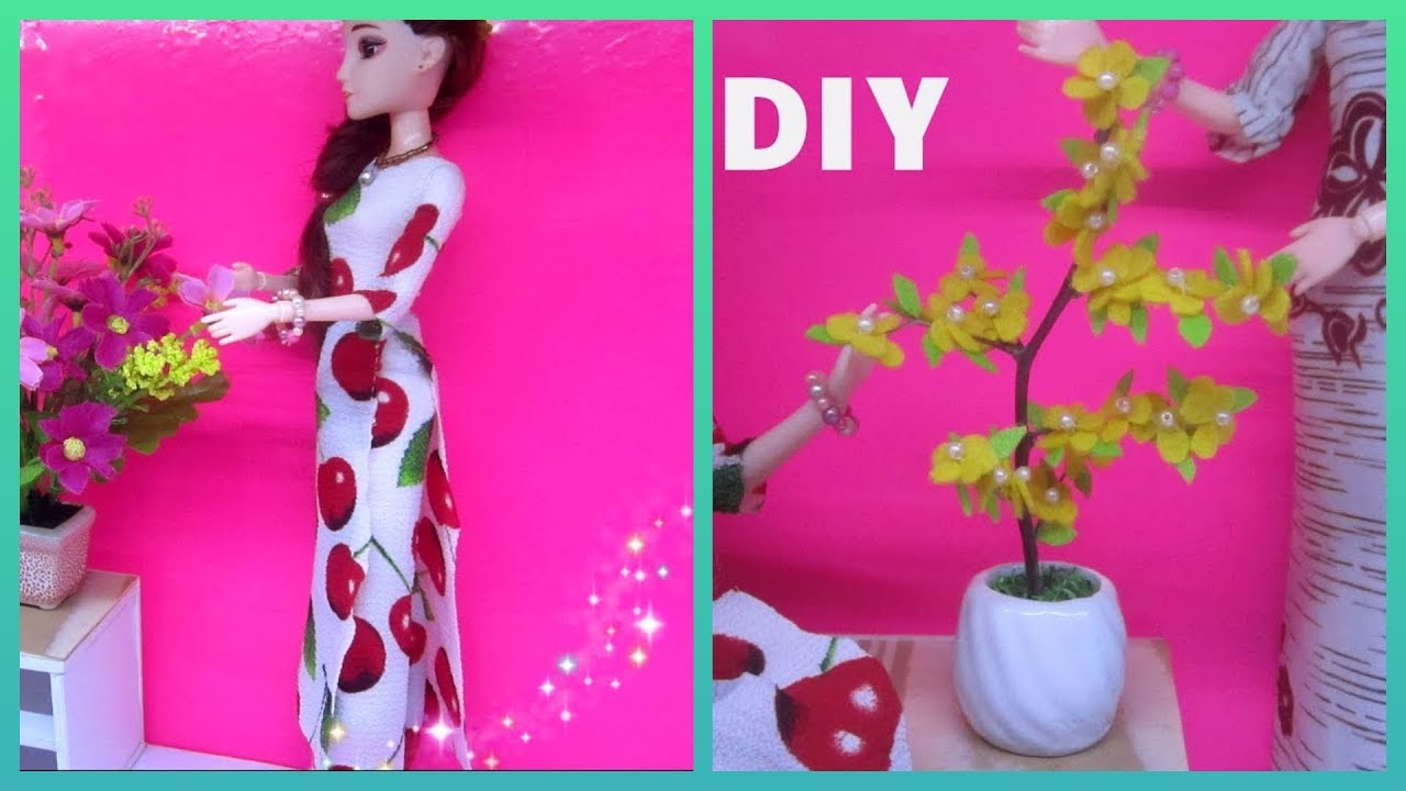 Tổng hợp cho Tết: cách may áo dài và làm chậu hoa mai chưng tết cho búp bê/ Ami DIY