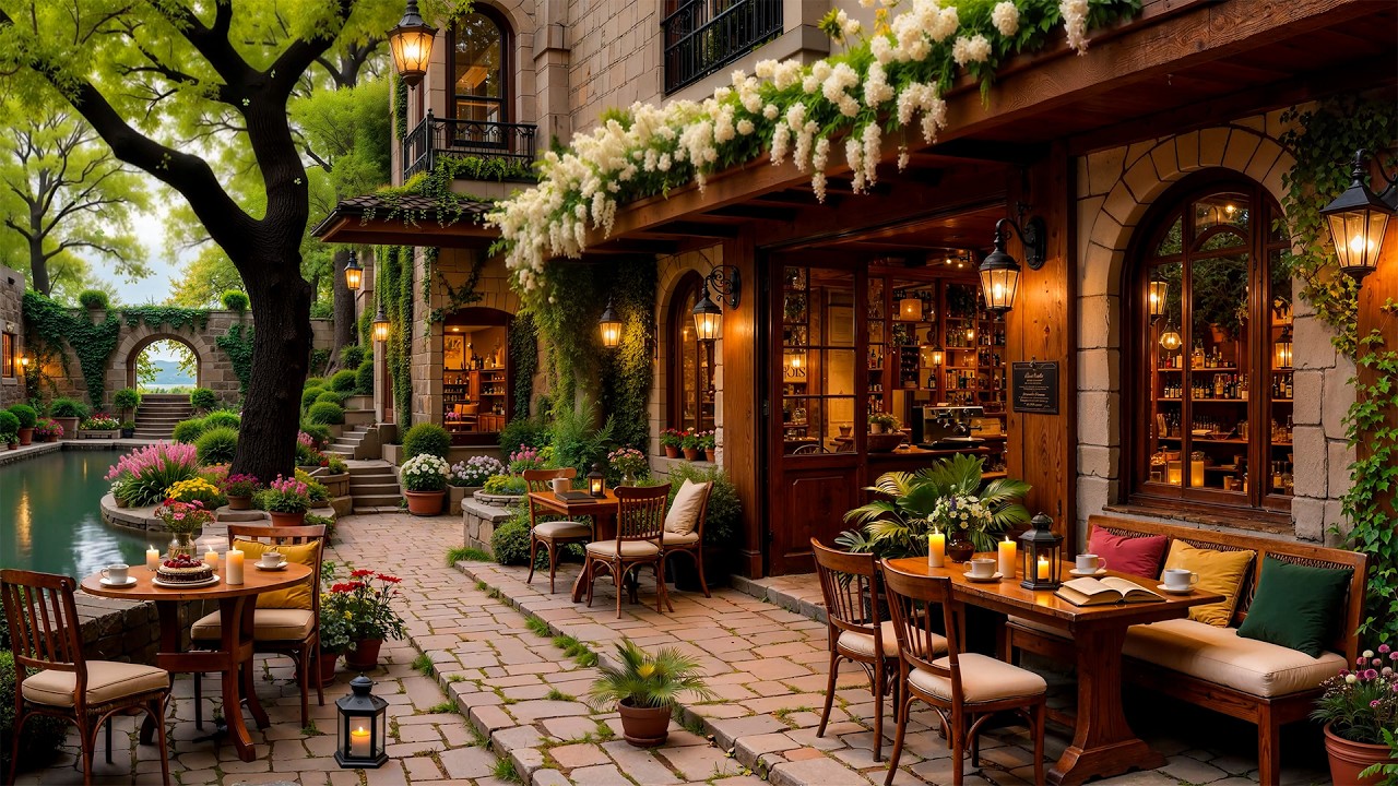 Outdoor Coffee Shop Ambience & Warm Spring Morning 🌸 Relaxing Piano Jazz Music for Work,Study