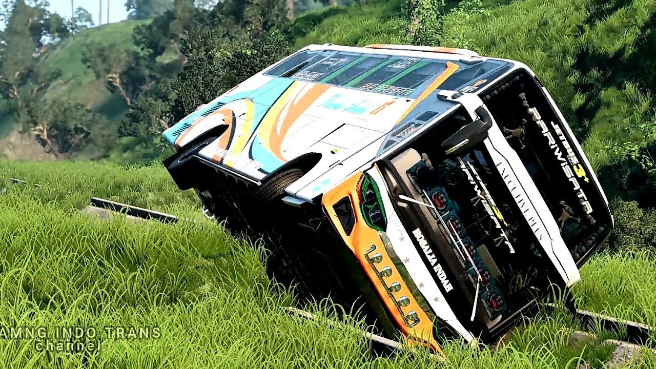 Ilustrasi Bus Rosalia Indah laka masuk parit di tol Batang, game Beamng Drive
