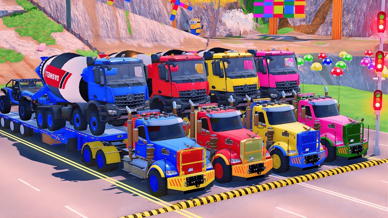 Transporting Colorful MIXER TRUCKS with Flatbed Trailer Truck | FS22 #18