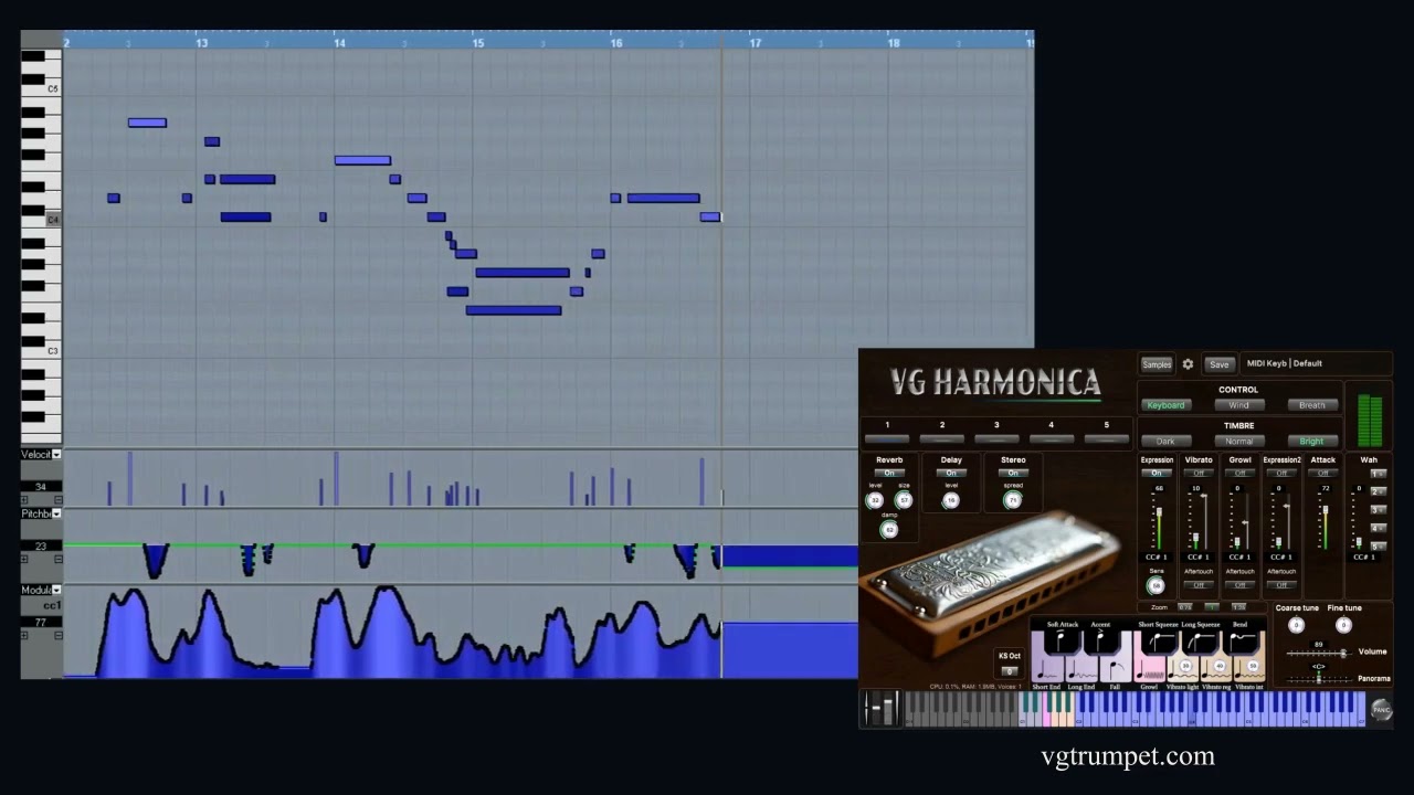 VG Harmonica Virtual Instrument, VST, AU plugins. Cubase piano roll.