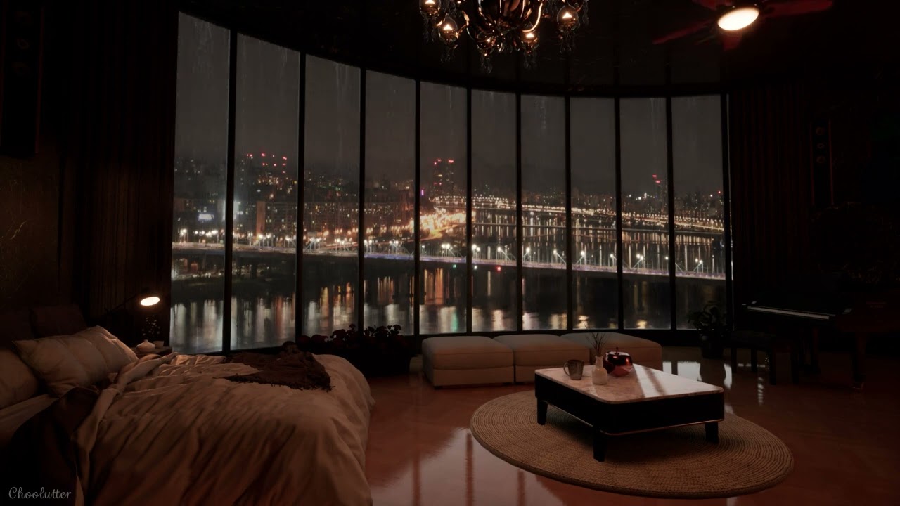 The atmosphere of a virtual Seoul apartment overlooking the Han River in the rain