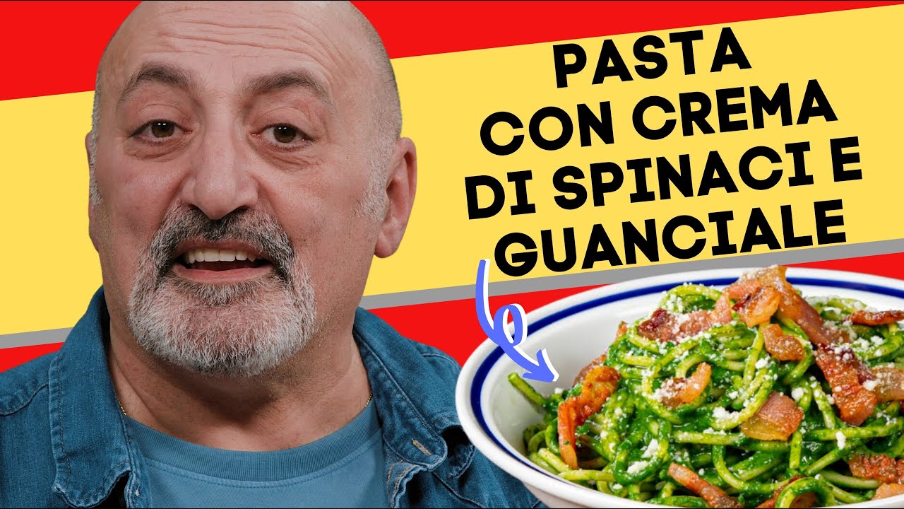 Pasta con crema di spinaci e guanciale