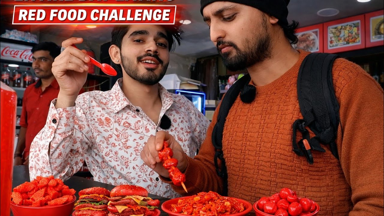 Entire Day |  Red 🌶️ Food Challenge | 24 hours yummy 🍓