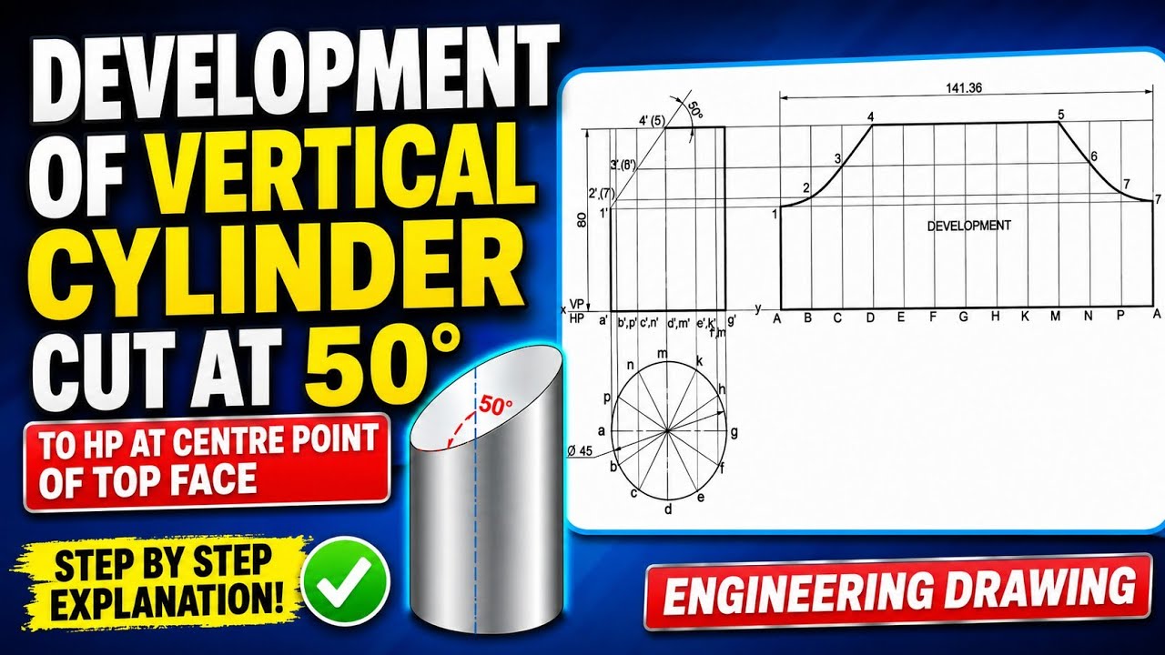 Development of vertical cylinder cut at 50deg to HP at centre point of top face