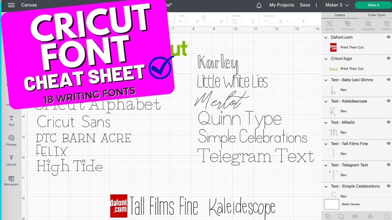 Cricut Font Cheat Sheet | Cricut FREE Writing Fonts | Cricut Free Font List