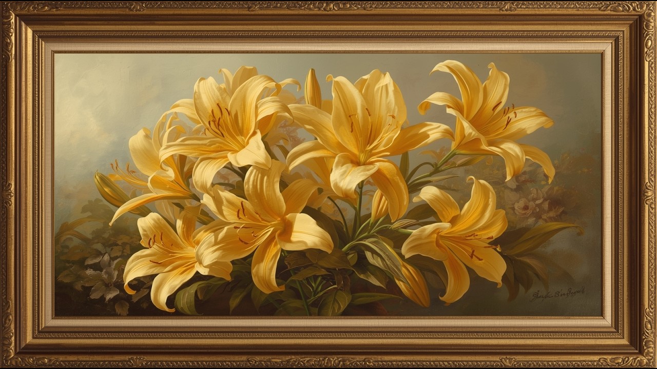 Vintage Golden Lilies Oil Painting | Elegant Gold Frame | Timeless Floral Art | TV Screensaver 4K
