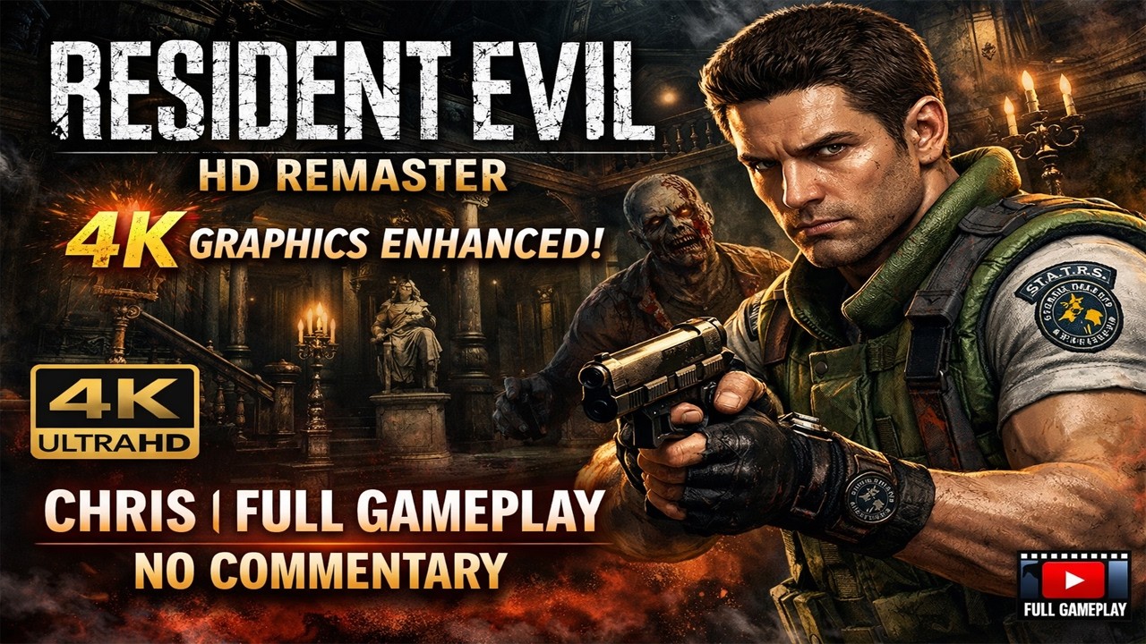 Resident Evil HD Remaster (4K Graphics Enhanced): Chris | Full Gameplay Playthrough | No Commentary